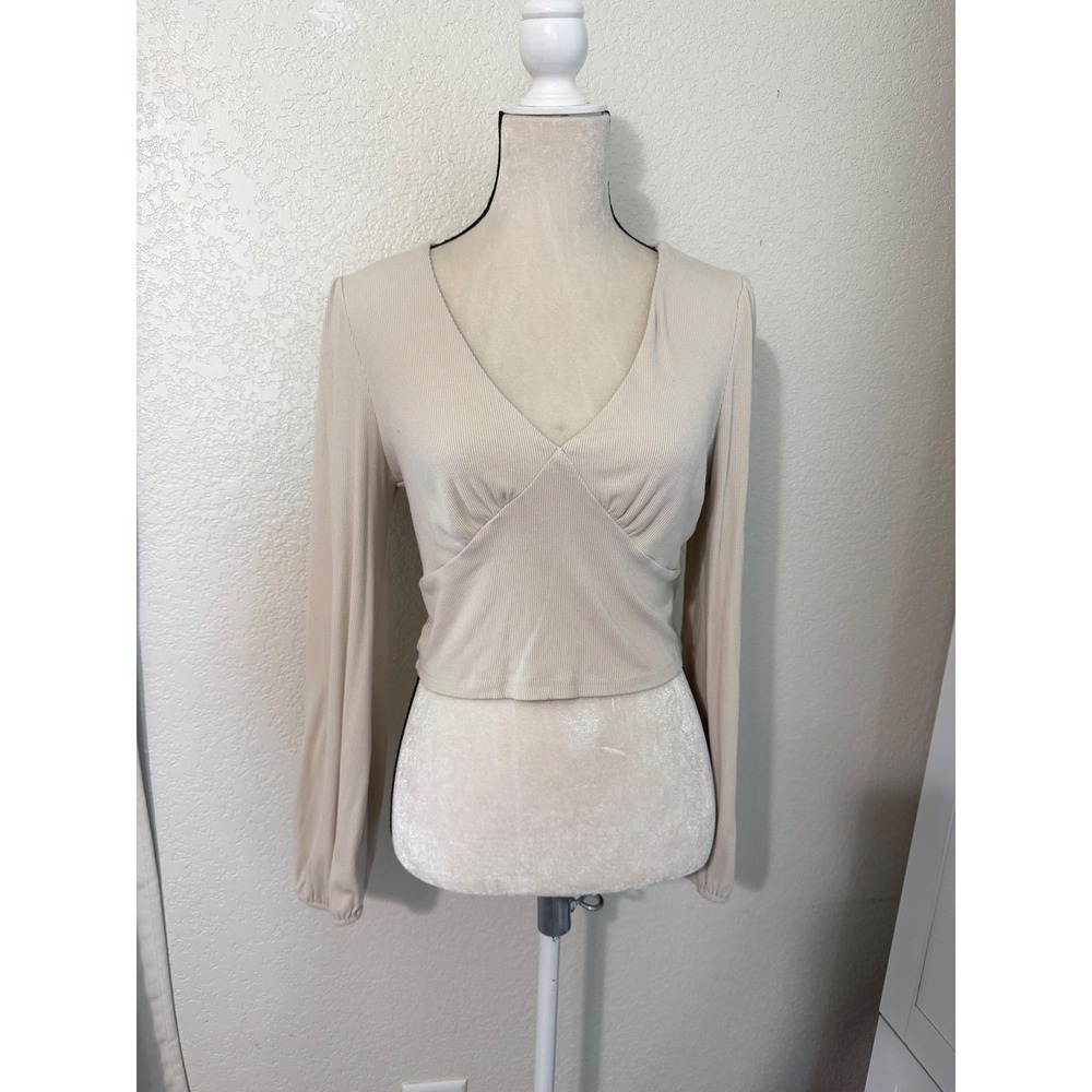 Mittoshop Beige Ribbed V-Neck Cropped Long Sleeve‎ Top Blouse Large